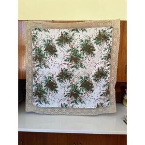 Vintage Handmade Christmas Tablecloth 1950/60s holiday pinecone ivory lace